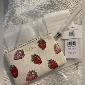 Coach leather corner zip wristlet with strawberry print. NWT!